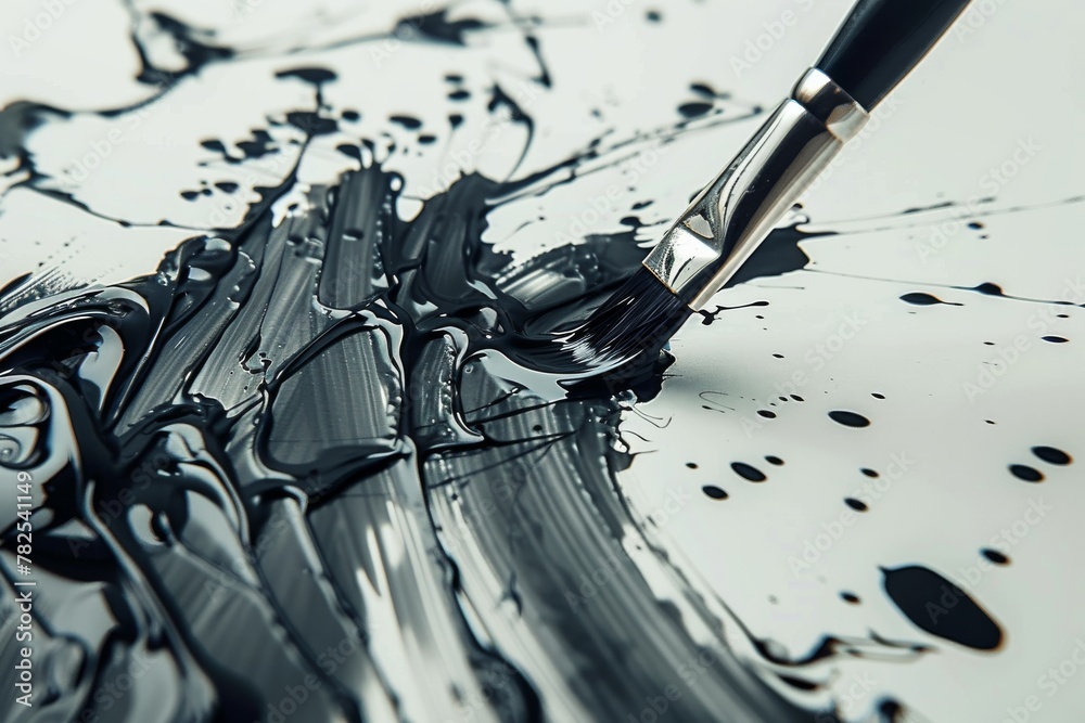 Poster high-resolution close-up depicting the texture and glossy sheen of a black ink brush stroke on a smo