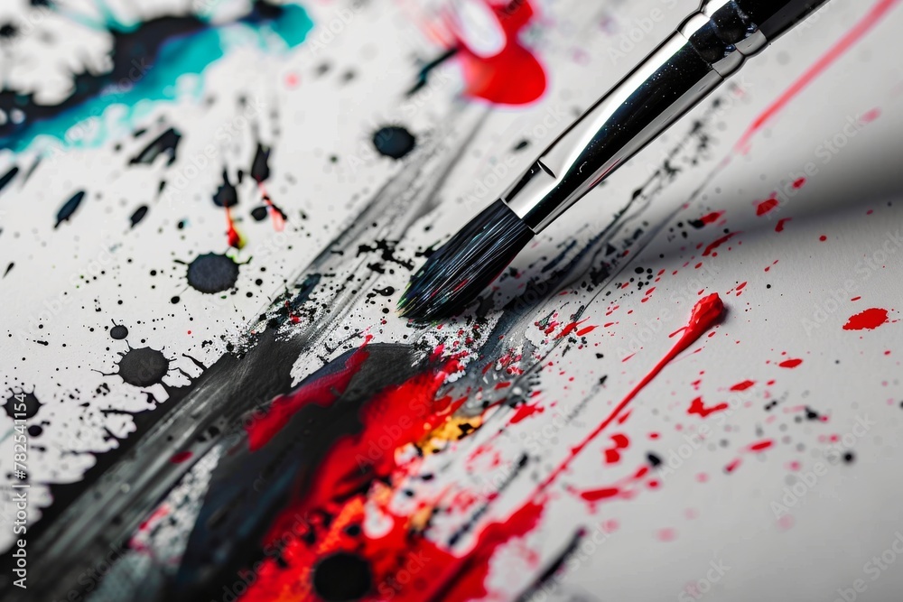 Aufkleber a vivid and striking image showing a paintbrush with red and blue ink splashes against a white backg