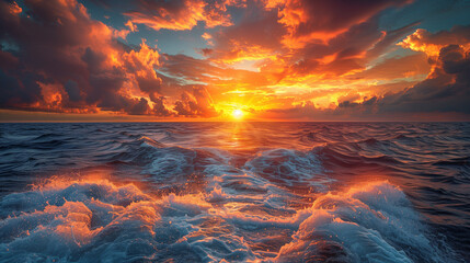 The sun is setting over the ocean, casting a warm glow on the water - obrazy, fototapety, plakaty