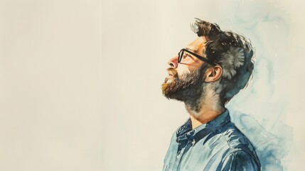 This watercolor work captures the rear view of a man gazing into the distance, emphasizing the flow of colors and the subject's posture - obrazy, fototapety, plakaty