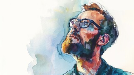 A captivating watercolor painting depicting a pensive man in a contemplative pose, showcasing artistic splashes and strokes