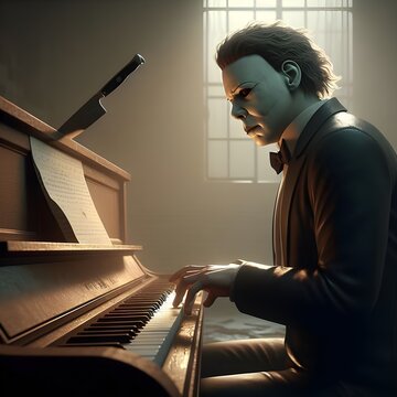 A character who looks like Michael Myers plays a table piano like a pro.