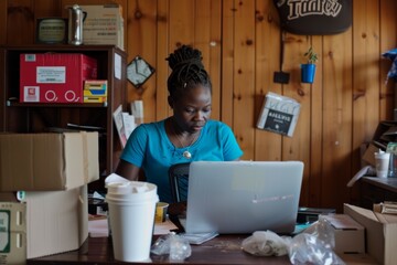 Woman engrossed in her work, using a laptop at an informal office setup with coffee cups and various items around - obrazy, fototapety, plakaty