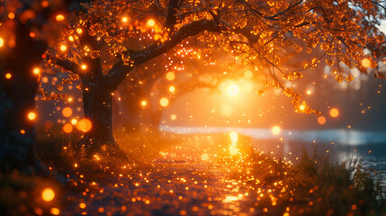A tree with orange leaves is lit up by the sun
