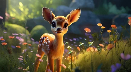 Photo sur Plexiglas Chambre denfants a cartoon of a deer in a flower field