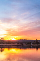 Red sunset on a lake at sunset in the town of Monte Escobedo, Zacatecas