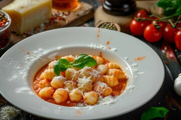 Traditional Italian gnocchi pasta in tomato sauce with fresh basil. Italian Gnocchi with Tomato Sauce and Basil