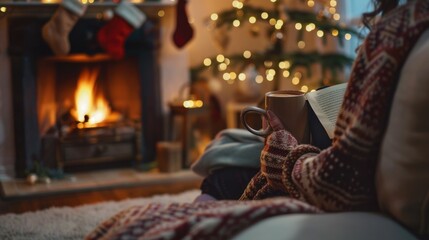 Envision a cozy, inviting living room on a chilly winter evening, with a roaring fireplace, soft blankets, and a steaming mug of hot cocoa on a side table. Generative AI - obrazy, fototapety, plakaty