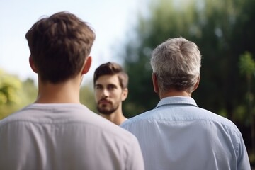 Obraz premium A trio of male family members, spanning three generations, captured from the back in a natural setting. Three Generations of Men From Behind