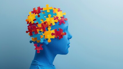 puzzle forming a head. world autism day concept on blue background in high resolution and high quality HD