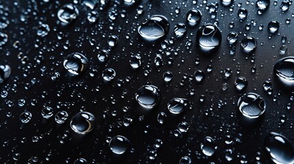 Condensation water drops on a dark glass texture background. Shower or rain droplets, pure aqua...