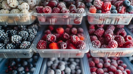 Frozen berries and healthy vegetables are stored in reusable box containers on freezer shelves of refrigerator at home