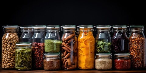 Kitchen jars filled with bulk foods and products, concept of Food storage