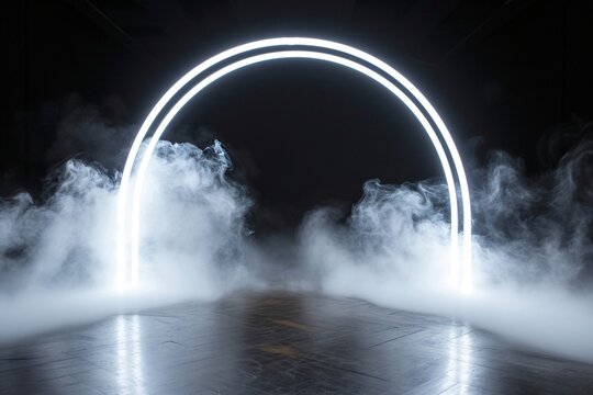 White neon arch, round portal, circles frame with swirling smoke on floor, white fog on the floor with black background - Powered by Adobe