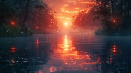 A beautiful sunset over a lake with trees in the background