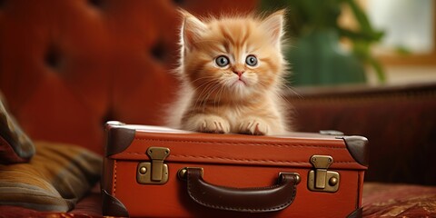 Kitten climbed into a leather briefcase, concept of Playful curiosity