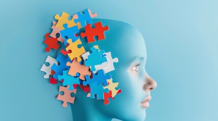 puzzle forming a brain on blue background. world autism day concept in high resolution and quality