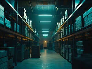 Modern dark warehouse interior at night. Shelves with packages. Industrial storage look. Futuristic and moody lighting. Generative AI