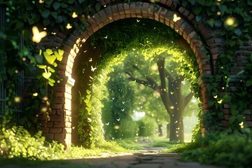 Fototapeta na wymiar Enchanted Garden Gateway with Sunbeams and Fluttering Butterflies. Dreamy Nature Scene in a Digital Artwork Style. Serenity and Fantasy Concept. Generative AI