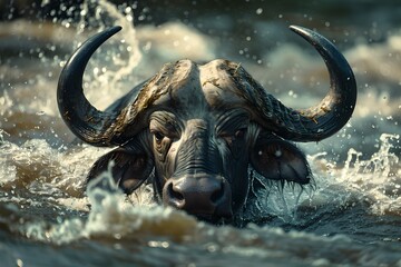 Majestic buffalo wading through water. Wildlife in action. Natural habitat depicted in a realistic style. Perfect for nature themes. Generative AI - obrazy, fototapety, plakaty