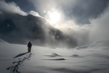 Lone traveler trekking in expansive snowy landscape as sunlight breaks through clouds. Serene and majestic natural scene. Generative AI