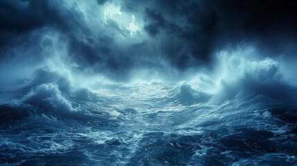 A stormy ocean with large waves crashing against the shore - obrazy, fototapety, plakaty