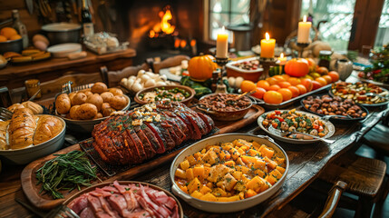 Fototapeta premium A table is set with a variety of food and drinks, including a large platter of fruit and a selection of cheeses. The table is surrounded by potted plants and flowers, creating a warm