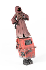 Obraz premium NEW YORK USA, APR 23 2018: Jawa standing on top of a GNK Gonk power droid - Hasbro Black Series action figures