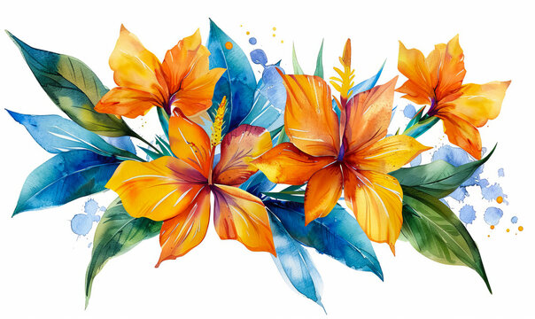 Fototapeta Bright orange lilies painted in watercolor, a burst of color ideal for vibrant, lively design themes.