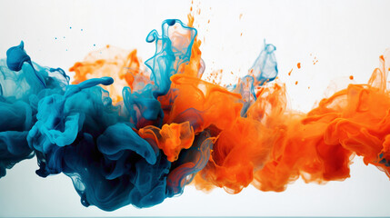 Dynamic splashes of neon orange and cerulean blue agnst a pure white surface, adding a sense of excitement and energy. - obrazy, fototapety, plakaty