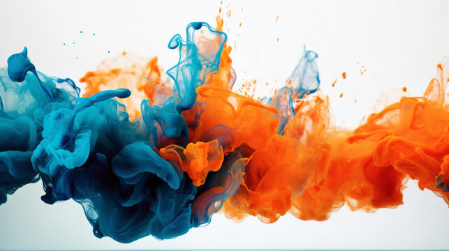 Dynamic splashes of neon orange and cerulean blue agnst a pure white surface, adding a sense of excitement and energy.