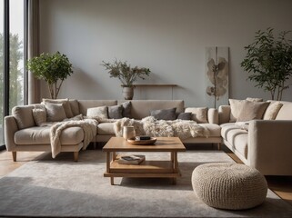 Modern living room, bathed in natural light filtering through large window, casts soft shadows, highlights textures of various elements within space. Plush, neutral-toned sectional sofa.