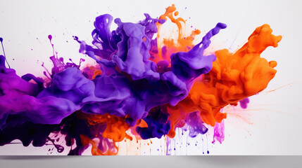 Dynamic splashes of neon orange and electric purple agnst a pure white background, igniting the imagination with their intensity. - obrazy, fototapety, plakaty