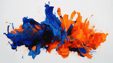 Dynamic splashes of neon orange and electric blue agnst a pure white background, capturing the viewer's attention with their intensity. - obrazy, fototapety, plakaty