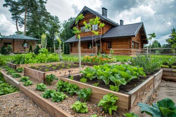 Fototapeta na wymiar Wooden raised beds with growing plants and vegetables in modern countryside garden near wooden house
