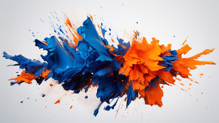 Dynamic splashes of neon orange and electric blue agnst a pure white background, capturing the viewer's attention with their intensity. - obrazy, fototapety, plakaty