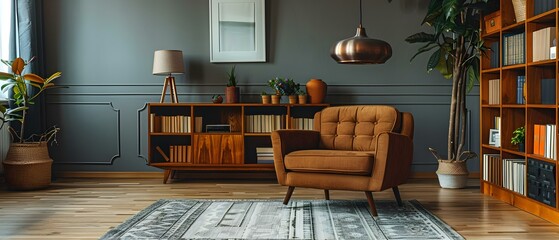 Cozy Minimalist Nook with Chic Armchair and Wooden Accents. Concept Chic Armchair, Wooden Accents, Cozy Nook, Minimalist, Interior Design