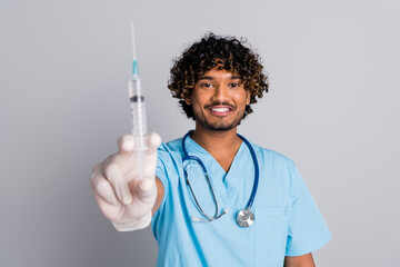 Photo of doctor guy show syringe vaccine isolated grey color background