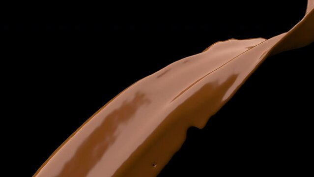 Closeup Hot chocolate splash pouring from top isolated on black background. 3D animation . 4K. alpha matte.