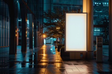Blank white vertical billboard mockup on sidewalk at night for advertising display