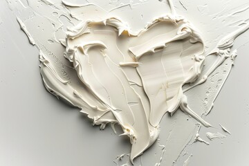Beauty skincare cream in heart shape on white background, makeup smudge swatches, top view