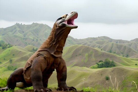 Artificially created dinosaur model roars in a vibrant, green landscape, evoking prehistoric life. Generative AI