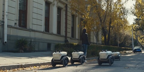 Three autonomous delivery robots drive on a sidewalk next to a person