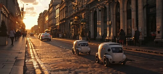 Autonomous vehicles drive down a city street at sunset.