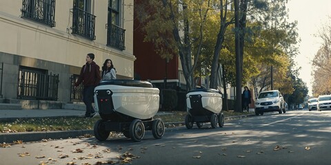 Two autonomous delivery robots drive down the sidewalk next to a teenage boy and girl.