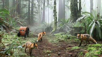A robot amidst a lush forest with three foxes nearby.