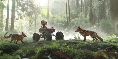 A robot amidst the trees with two foxes nearby