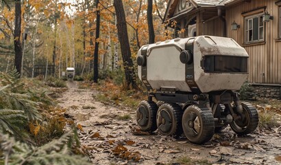An autonomous delivery robot drives down a forest path towards a house.