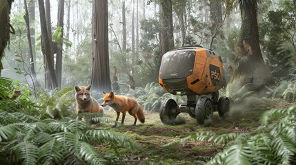 A futuristic vehicle drives through a lush forest with two foxes nearby.
