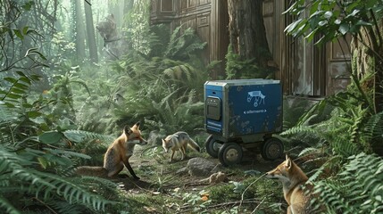 A robot amidst the ruins of a forgotten city is being inspected by a curious fox.